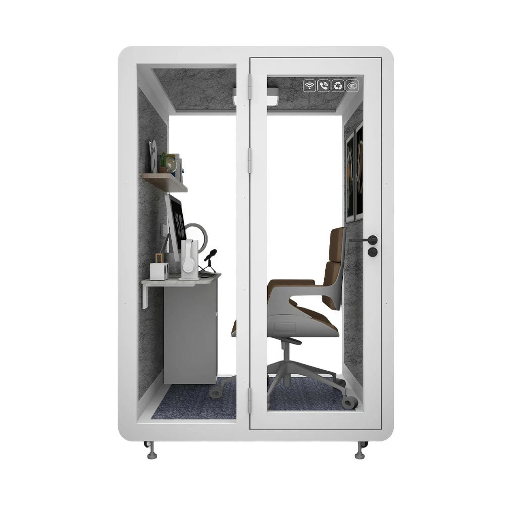 MODERA MWK-151521 Wood Grain 1.5x1.5m Soundproof Office Meeting Booth w/ Lighting, Ventilation & Casters - White