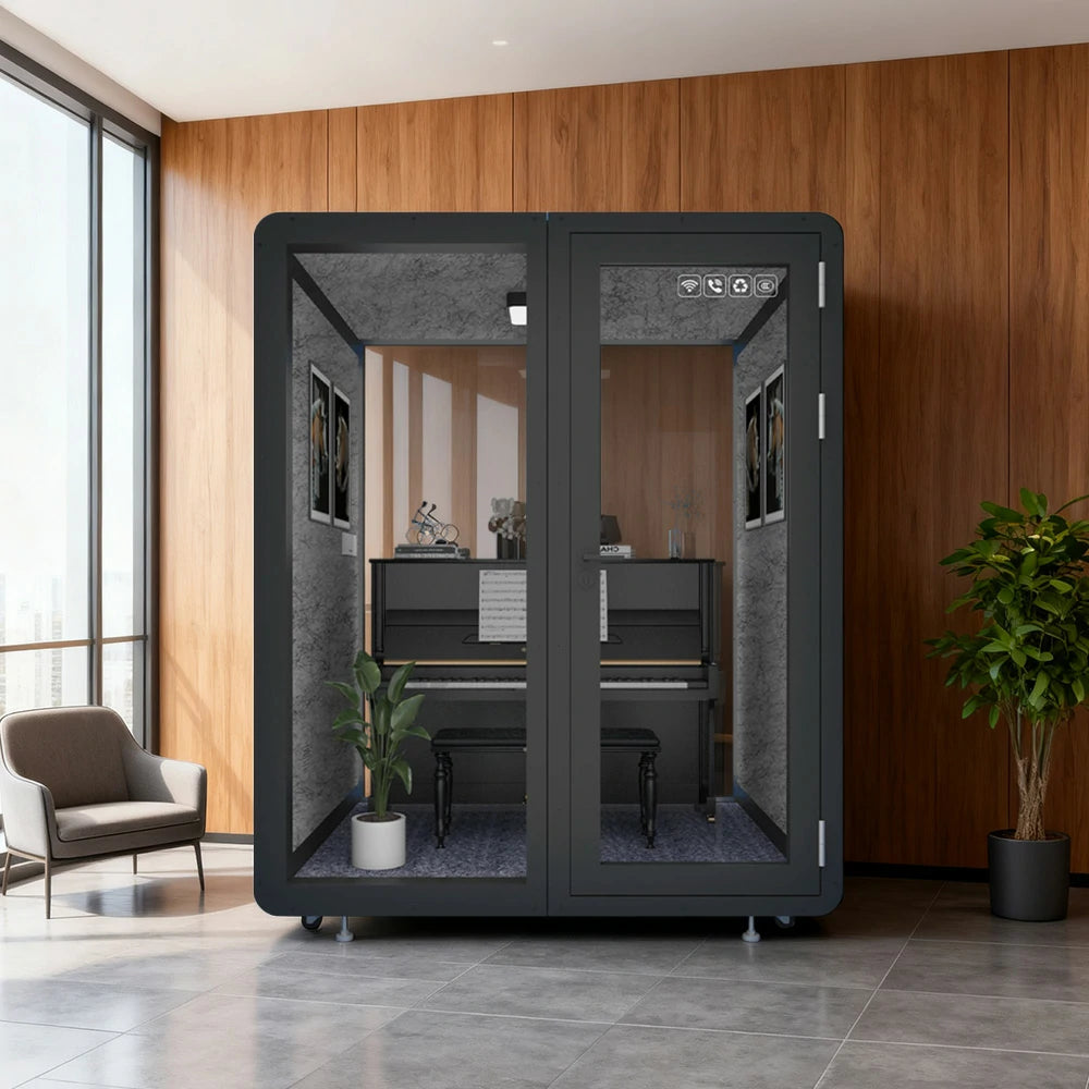 MODERA MWK-181521 Wood Grain 1.8x1.5m Soundproof Office Meeting Booth w/ Lighting, Ventilation & Casters - Black