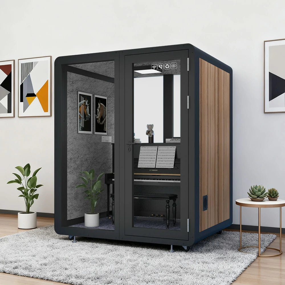 MODERA MWK-181521 Wood Grain 1.8x1.5m Soundproof Office Meeting Booth w/ Lighting, Ventilation & Casters - Black