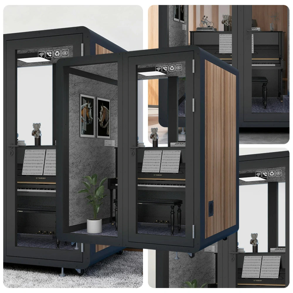 MODERA MWK-181521 Wood Grain 1.8x1.5m Soundproof Office Meeting Booth w/ Lighting, Ventilation & Casters - Black