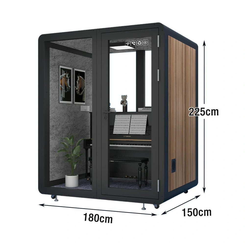 MODERA MWK-181521 Wood Grain 1.8x1.5m Soundproof Office Meeting Booth w/ Lighting, Ventilation & Casters - Black