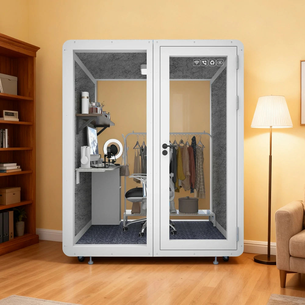 MODERA MWK-181521 Wood Grain 1.8x1.5m Soundproof Office Meeting Booth w/ Lighting, Ventilation & Casters - White