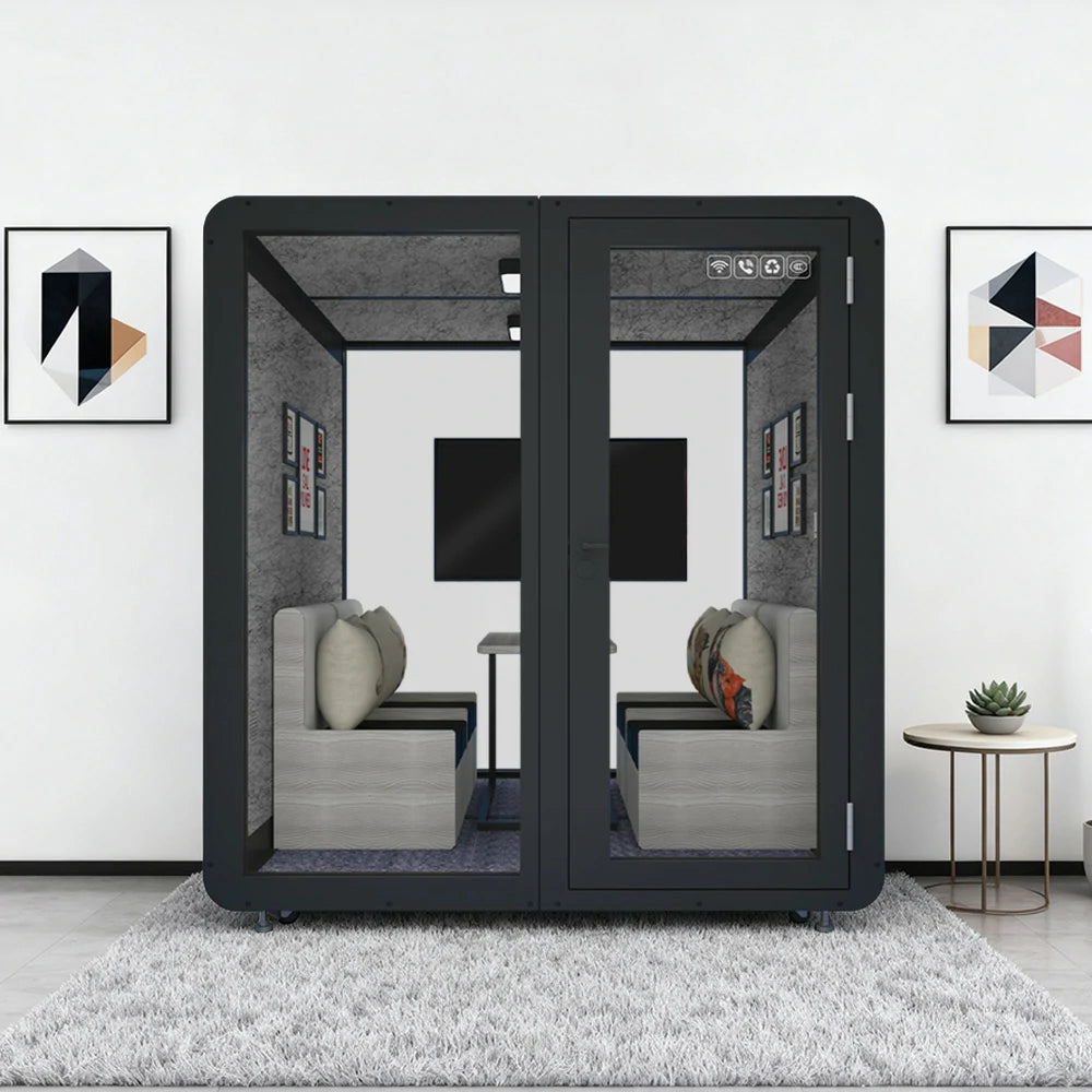 MODERA MWK-202021 Wood Grain 2.0x2.0m Soundproof Office Meeting Booth w/ Lighting, Ventilation & Casters - Black