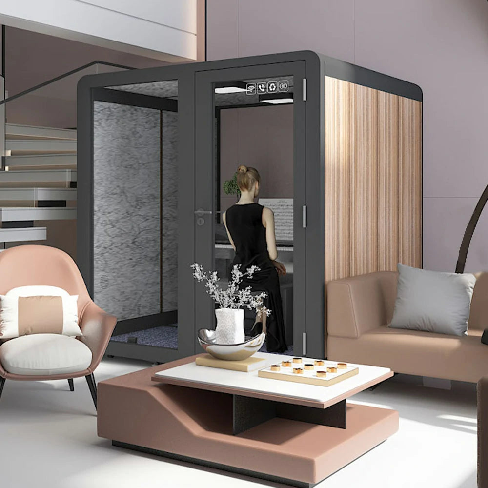 MODERA MWK-202021 Wood Grain 2.0x2.0m Soundproof Office Meeting Booth w/ Lighting, Ventilation & Casters - Black