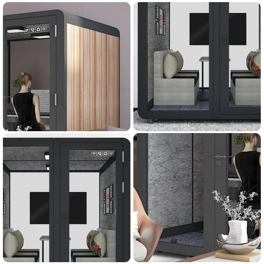 MODERA MWK-202021 Wood Grain 2.0x2.0m Soundproof Office Meeting Booth w/ Lighting, Ventilation & Casters - Black