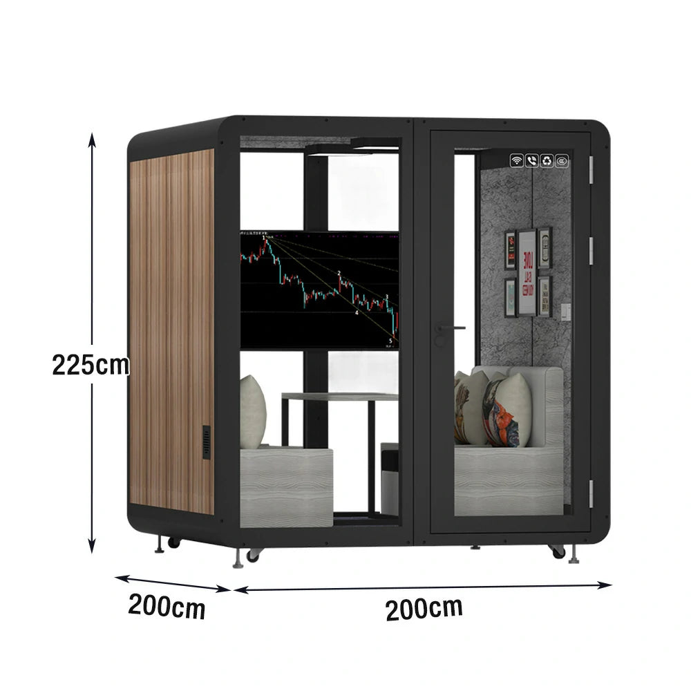 MODERA MWK-202021 Wood Grain 2.0x2.0m Soundproof Office Meeting Booth w/ Lighting, Ventilation & Casters - Black