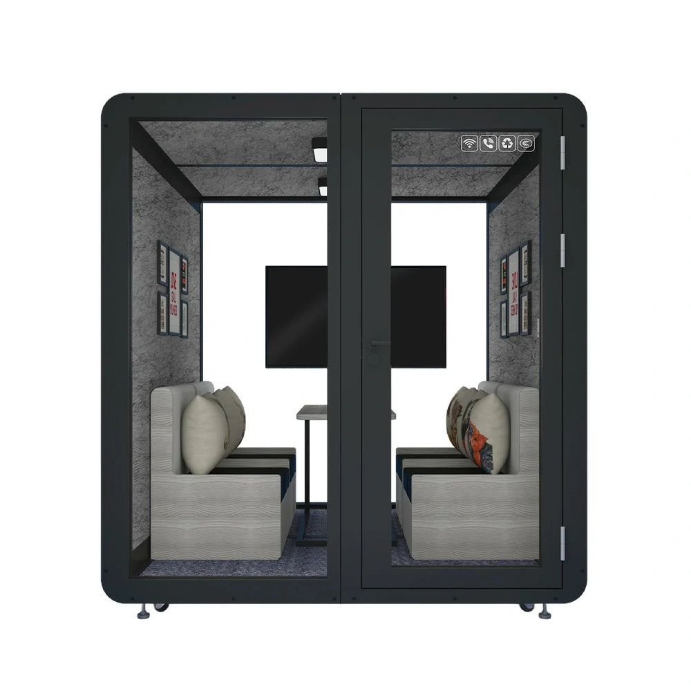 MODERA MWK-202021 Wood Grain 2.0x2.0m Soundproof Office Meeting Booth w/ Lighting, Ventilation & Casters - Black