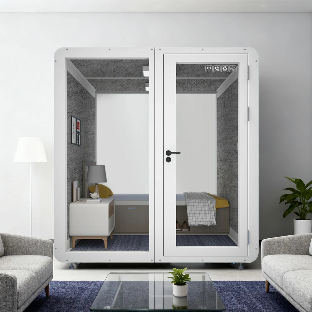 MODERA MWK-202021 Wood Grain 2.0x2.0m Soundproof Office Meeting Booth w/ Lighting, Ventilation & Casters - White