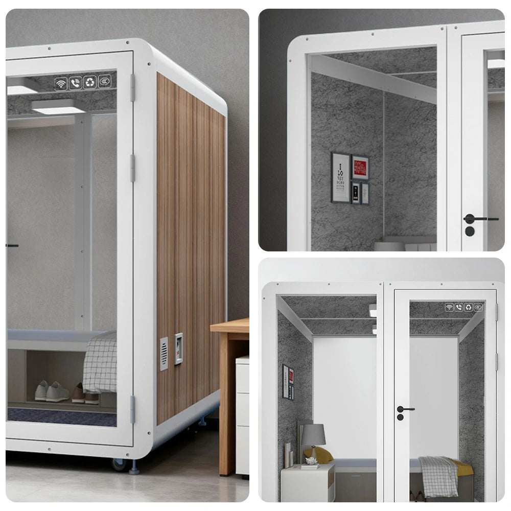 MODERA MWK-202021 Wood Grain 2.0x2.0m Soundproof Office Meeting Booth w/ Lighting, Ventilation & Casters - White