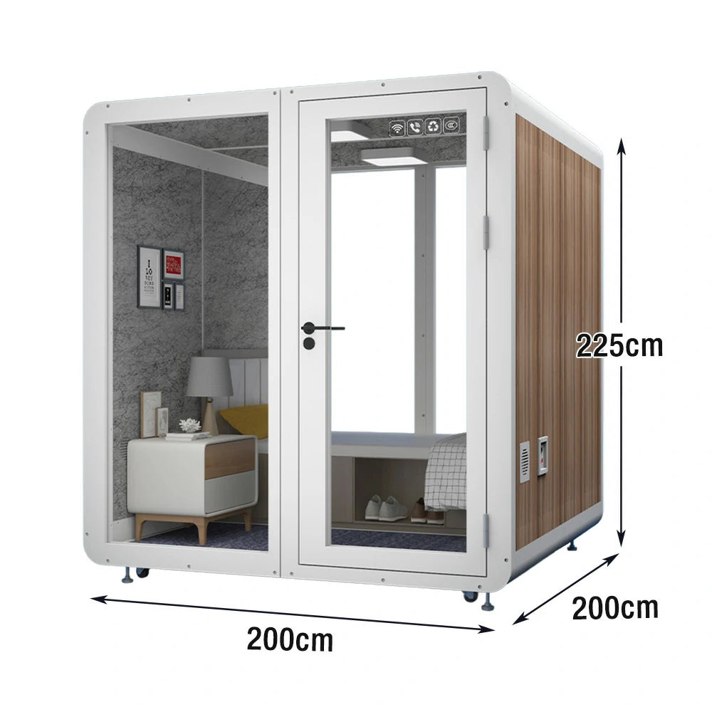 MODERA MWK-202021 Wood Grain 2.0x2.0m Soundproof Office Meeting Booth w/ Lighting, Ventilation & Casters - White