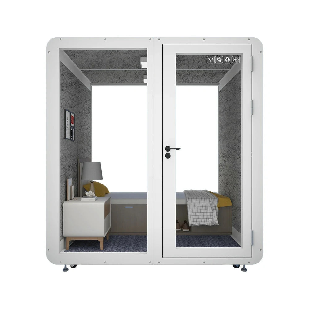 MODERA MWK-202021 Wood Grain 2.0x2.0m Soundproof Office Meeting Booth w/ Lighting, Ventilation & Casters - White
