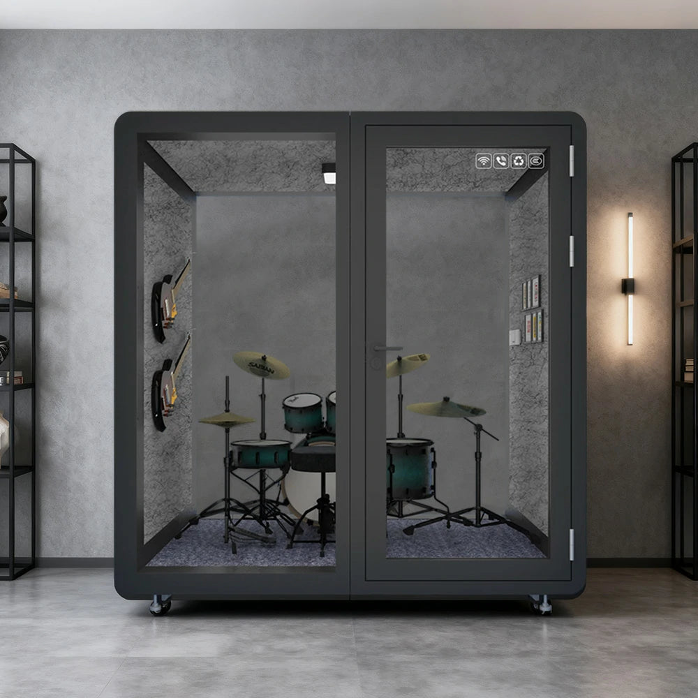 MODERA MWK-211621 Wood Grain 2.1x1.6m Soundproof Office Meeting Booth w/ Lighting, Ventilation & Casters - Black