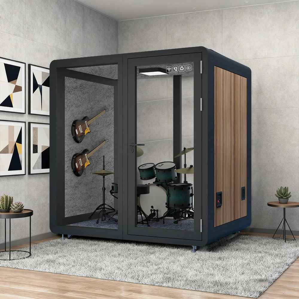 MODERA MWK-211621 Wood Grain 2.1x1.6m Soundproof Office Meeting Booth w/ Lighting, Ventilation & Casters - Black