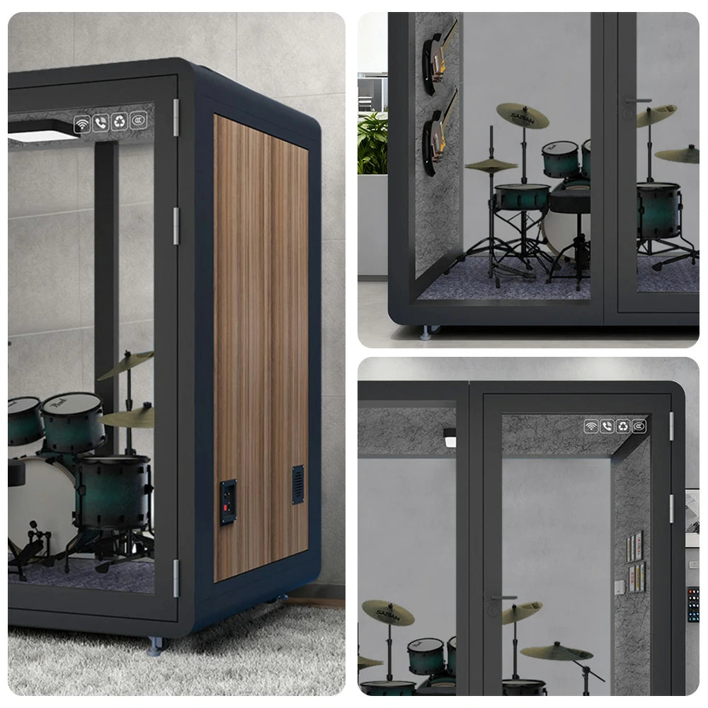 MODERA MWK-211621 Wood Grain 2.1x1.6m Soundproof Office Meeting Booth w/ Lighting, Ventilation & Casters - Black