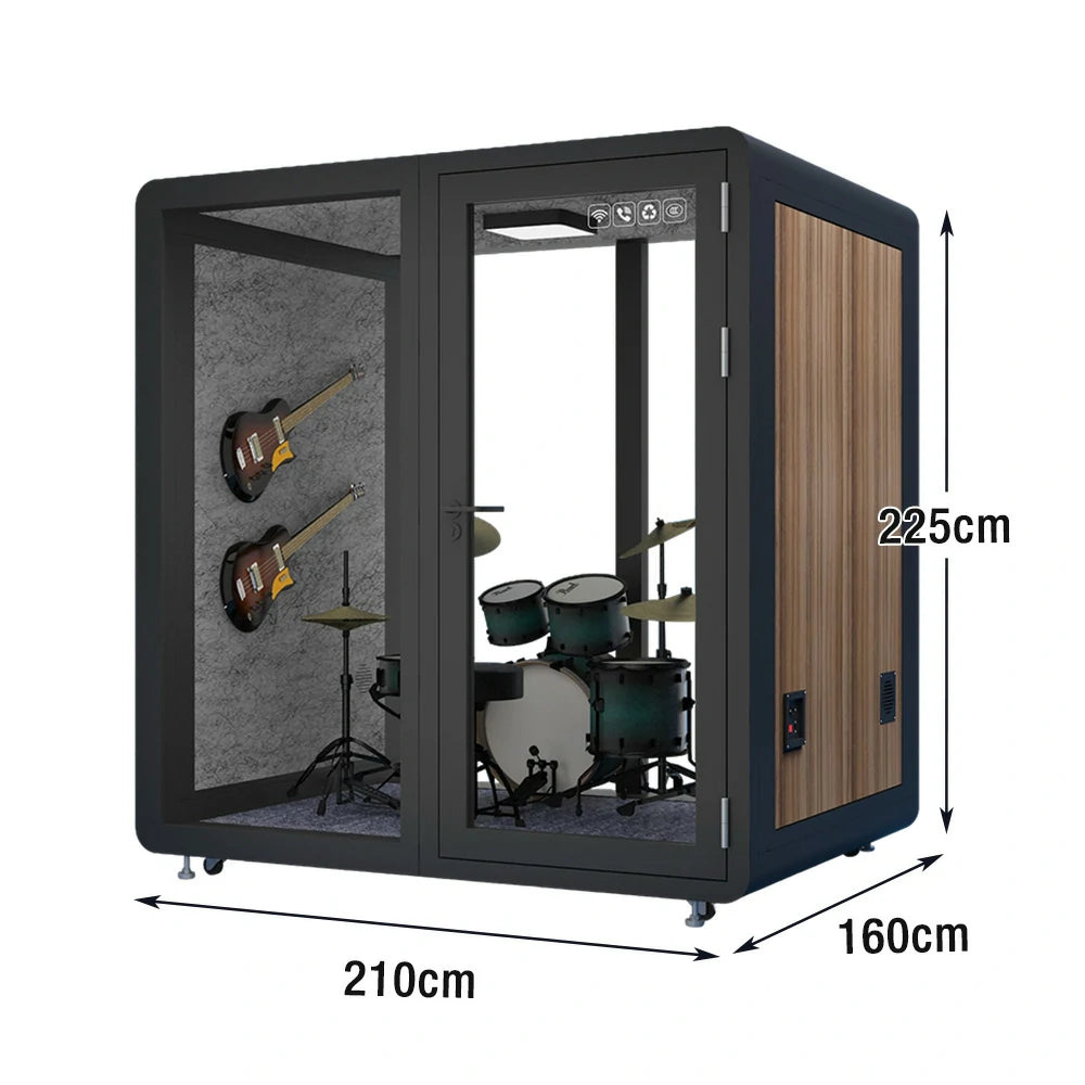 MODERA MWK-211621 Wood Grain 2.1x1.6m Soundproof Office Meeting Booth w/ Lighting, Ventilation & Casters - Black