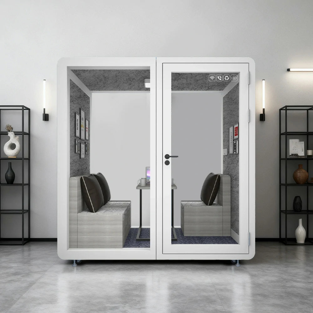 MODERA MWK-211621 Wood Grain 2.1x1.6m Soundproof Office Meeting Booth w/ Lighting, Ventilation & Casters - White