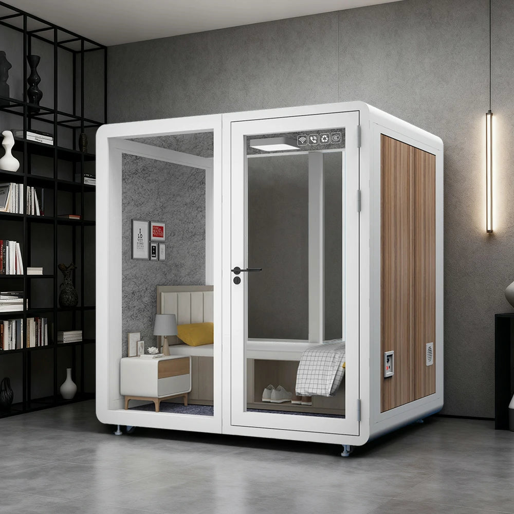 MODERA MWK-211621 Wood Grain 2.1x1.6m Soundproof Office Meeting Booth w/ Lighting, Ventilation & Casters - White