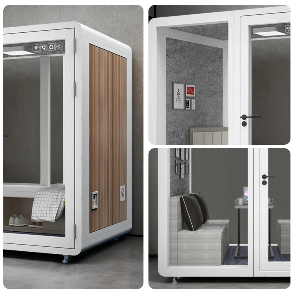 MODERA MWK-211621 Wood Grain 2.1x1.6m Soundproof Office Meeting Booth w/ Lighting, Ventilation & Casters - White