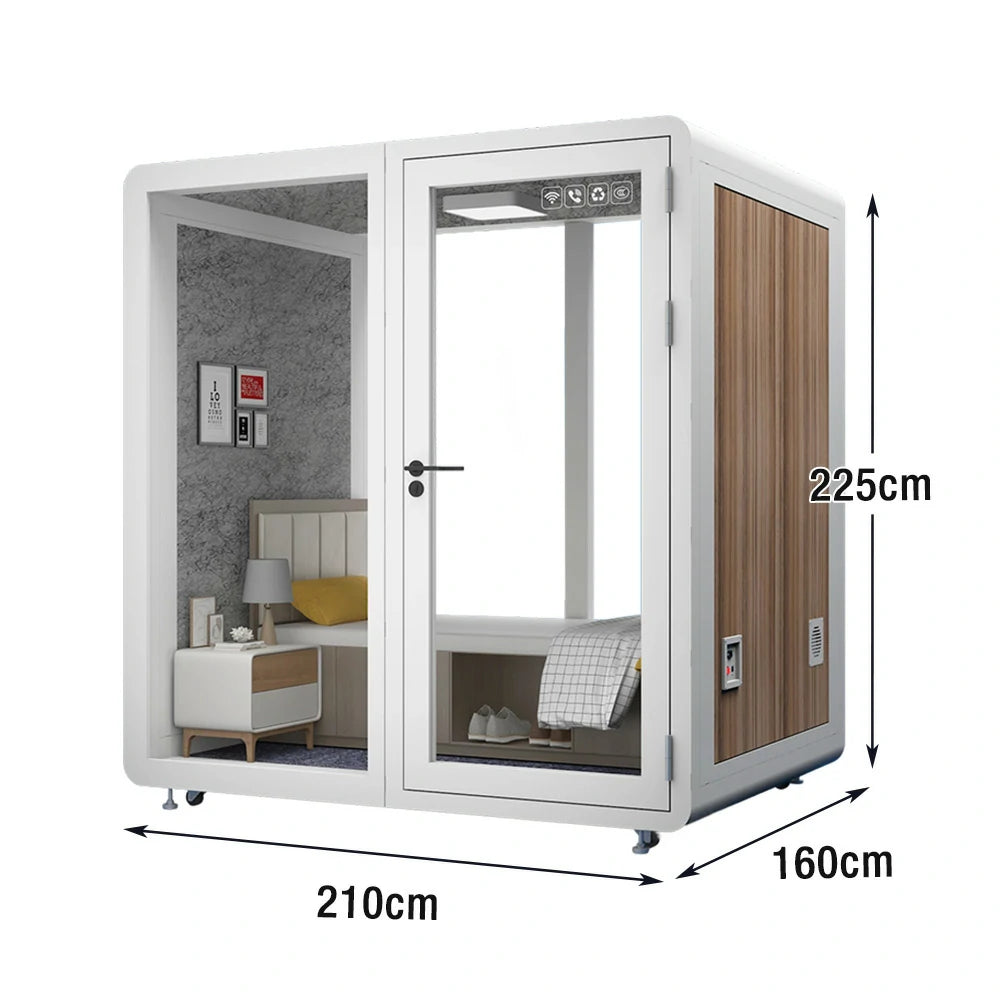MODERA MWK-211621 Wood Grain 2.1x1.6m Soundproof Office Meeting Booth w/ Lighting, Ventilation & Casters - White