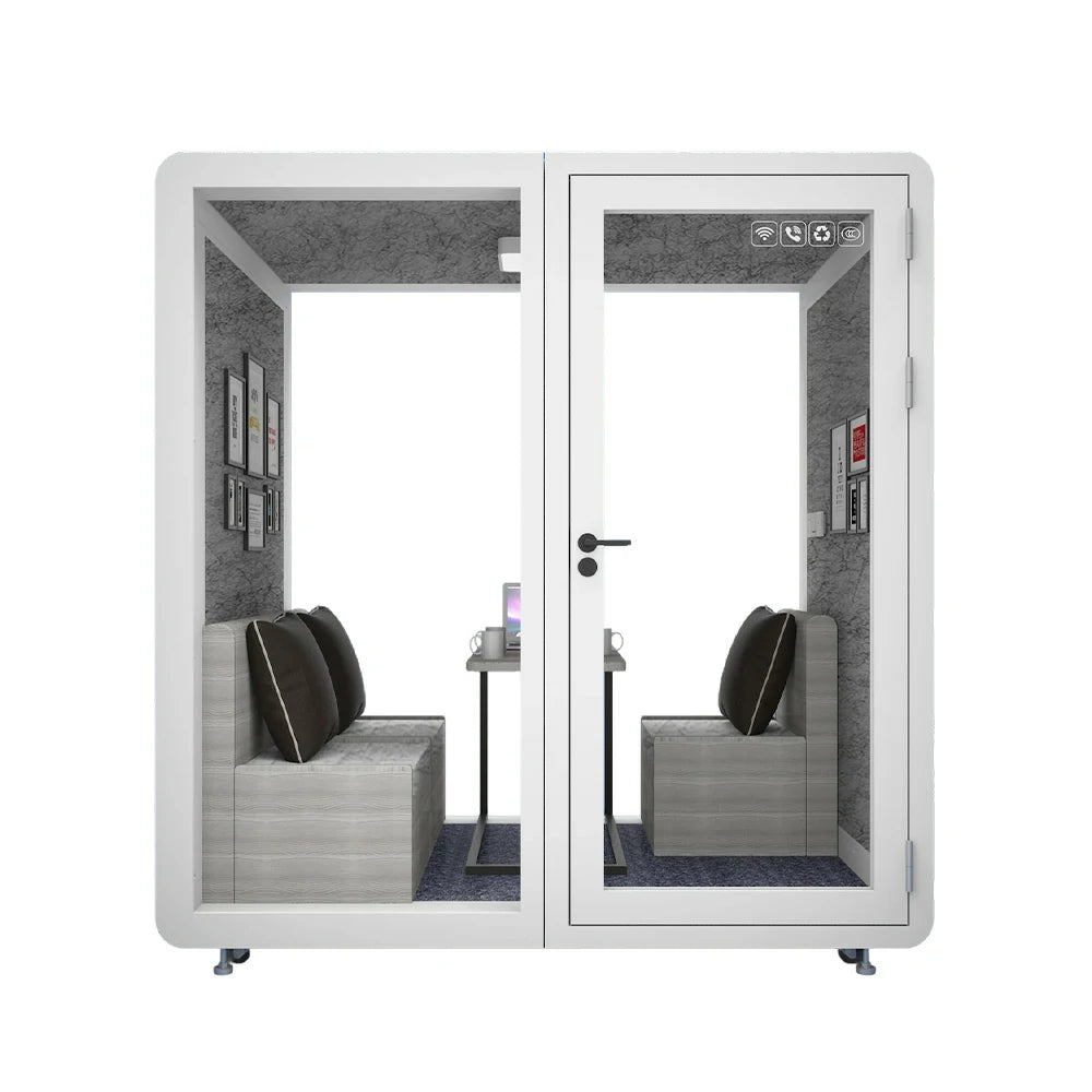 MODERA MWK-211621 Wood Grain 2.1x1.6m Soundproof Office Meeting Booth w/ Lighting, Ventilation & Casters - White