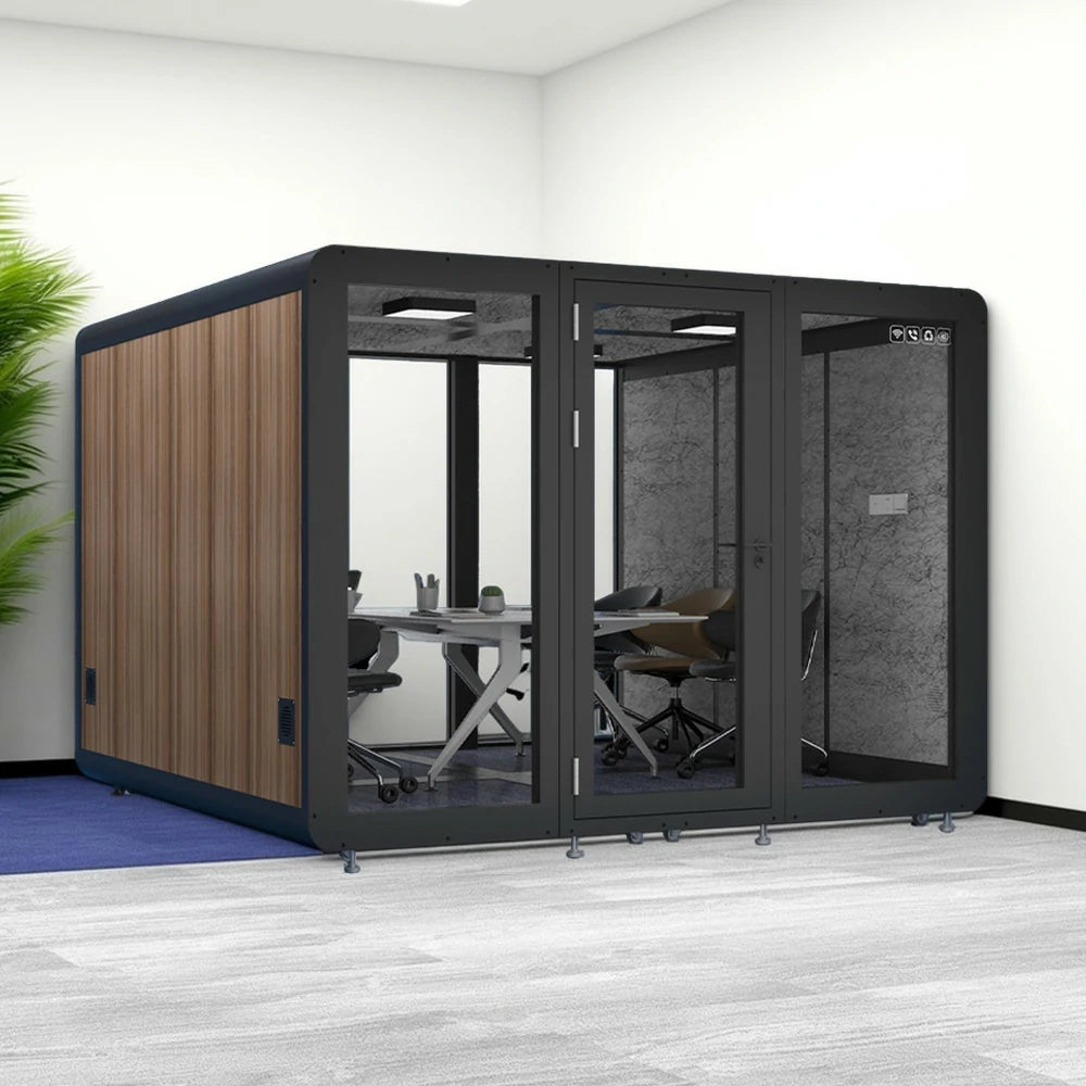 MODERA MWK-303021 Wood Grain 3.0x3.0m Large Soundproof Office Meeting Booth w/ Lighting, Ventilation & Casters - Black