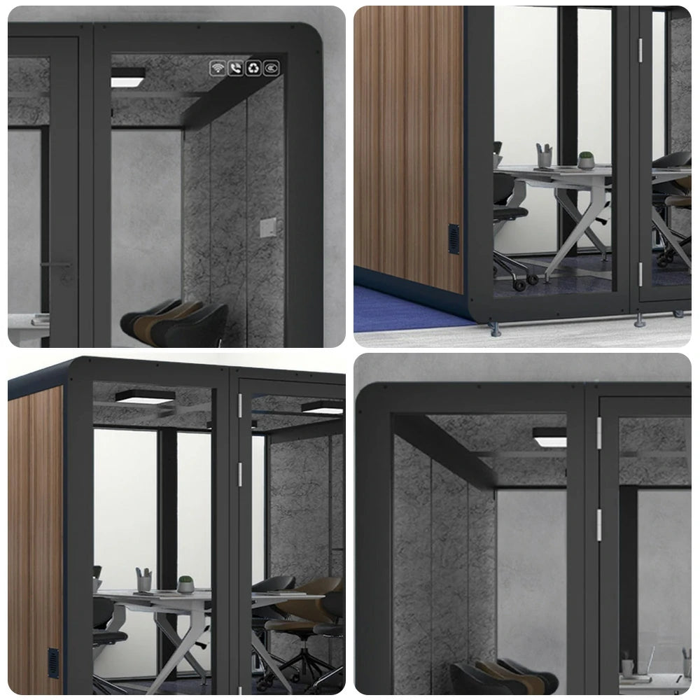 MODERA MWK-303021 Wood Grain 3.0x3.0m Large Soundproof Office Meeting Booth w/ Lighting, Ventilation & Casters - Black