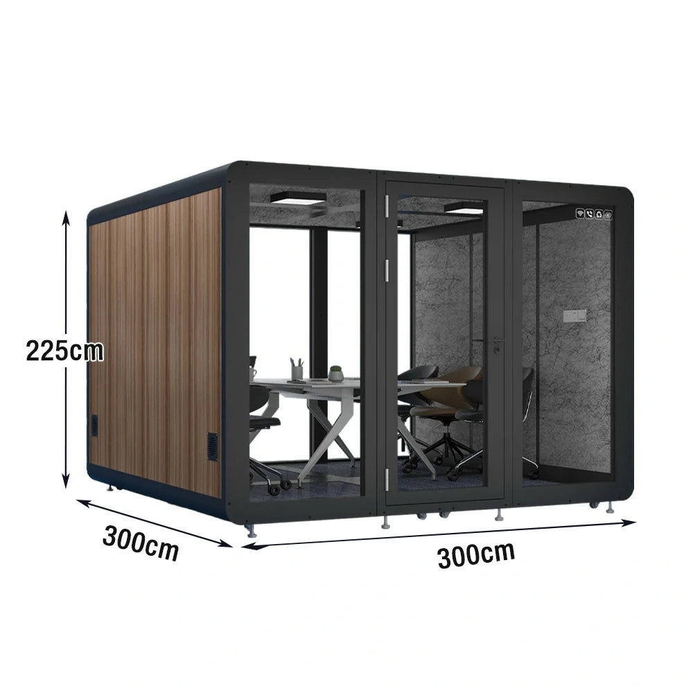 MODERA MWK-303021 Wood Grain 3.0x3.0m Large Soundproof Office Meeting Booth w/ Lighting, Ventilation & Casters - Black