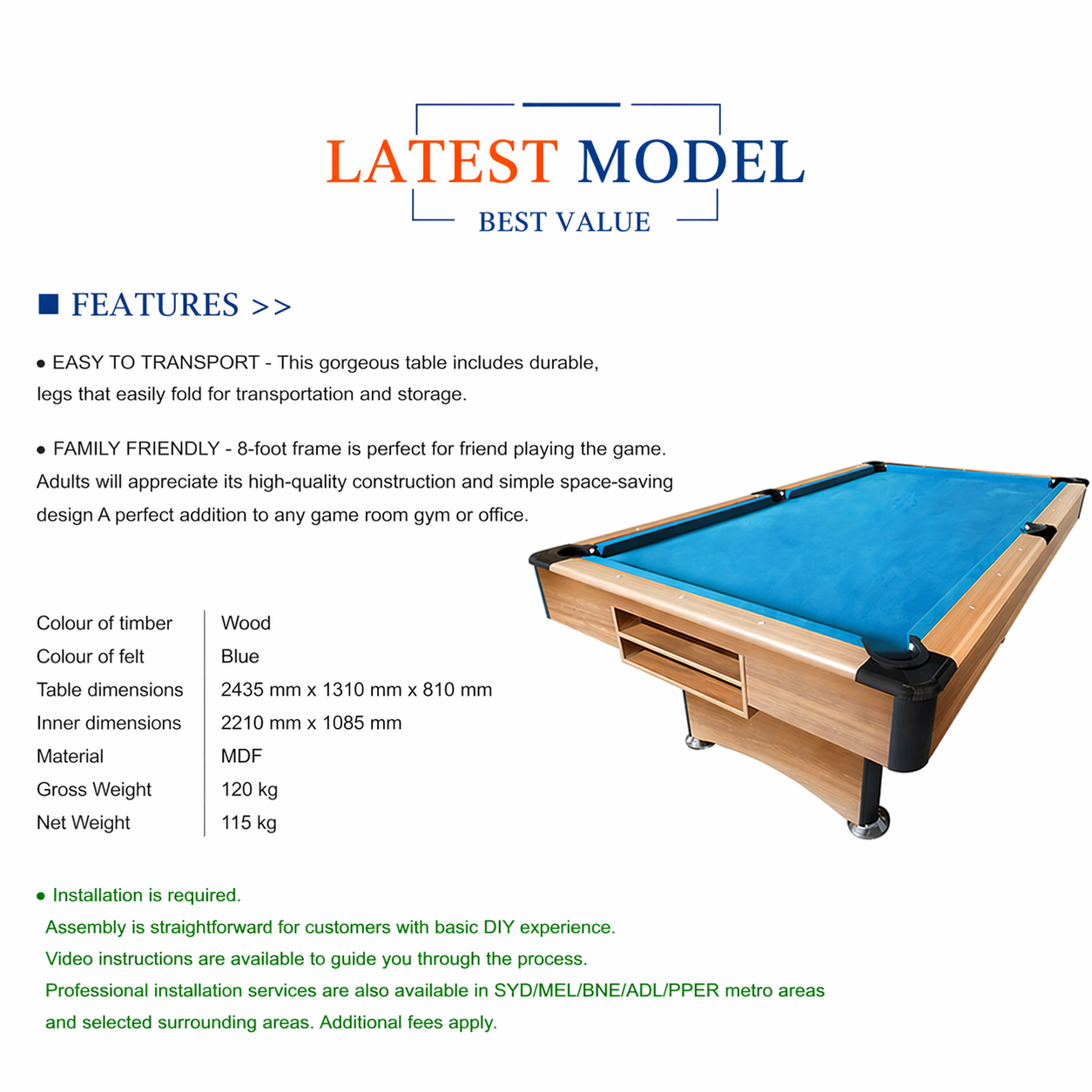 CUETIQ P038 8FT 3-IN-1 Foldable Pool Table Snooker Table Pool Table Billiards Game / Table Tennis Table / Dining Table