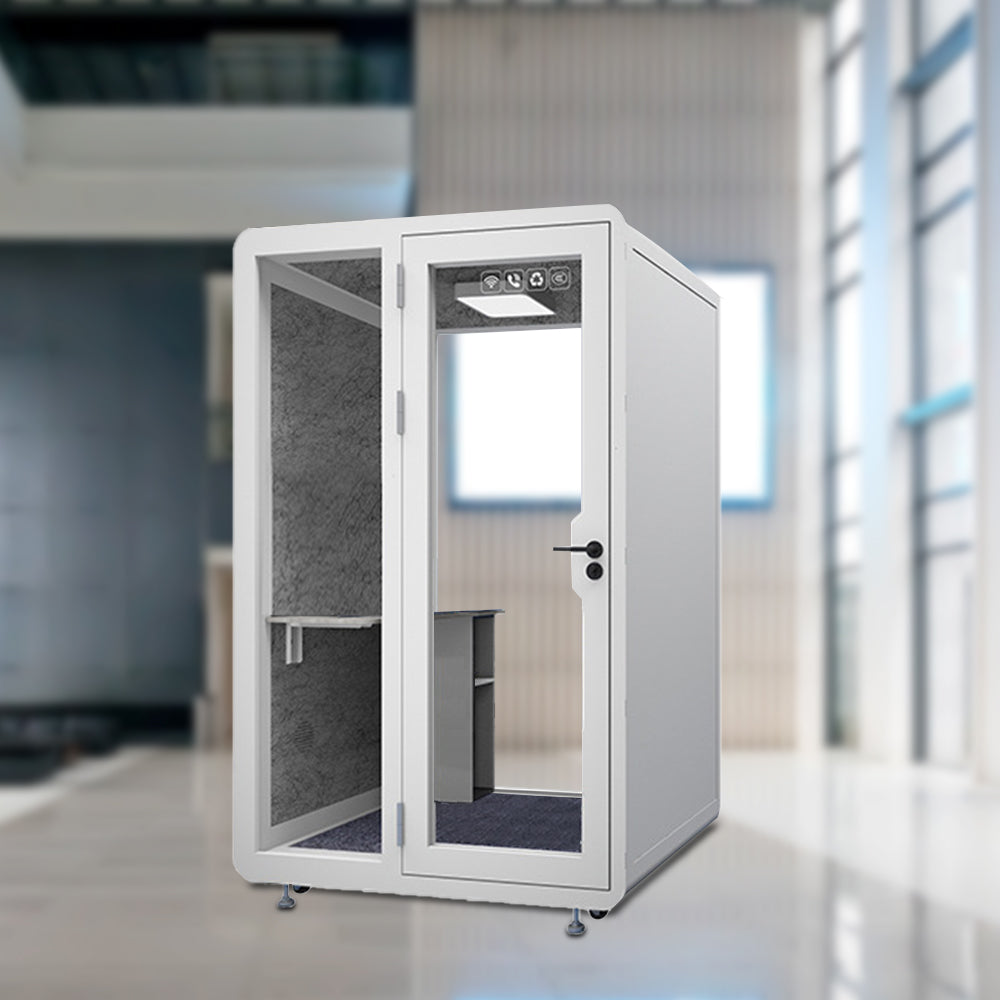 MODERA 1.4x1.2m Movable Soundproof Booth W/ Light, Workbench, Storage cabinet, Carpet - White