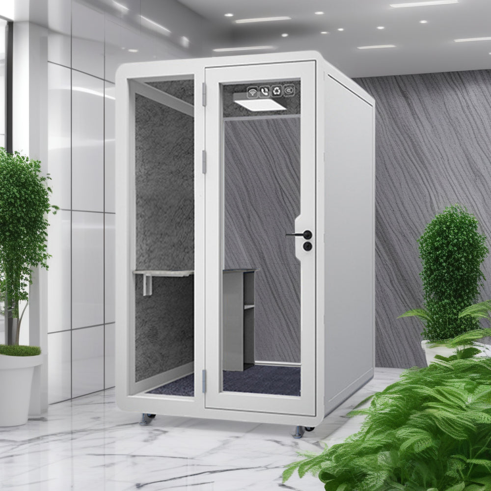 MODERA 1.4x1.2m Movable Soundproof Booth W/ Light, Workbench, Storage cabinet, Carpet - White