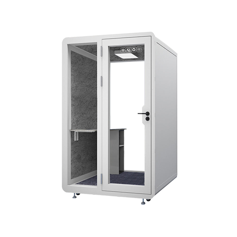 MODERA 1.4x1.2m Movable Soundproof Booth W/ Light, Workbench, Storage cabinet, Carpet - White