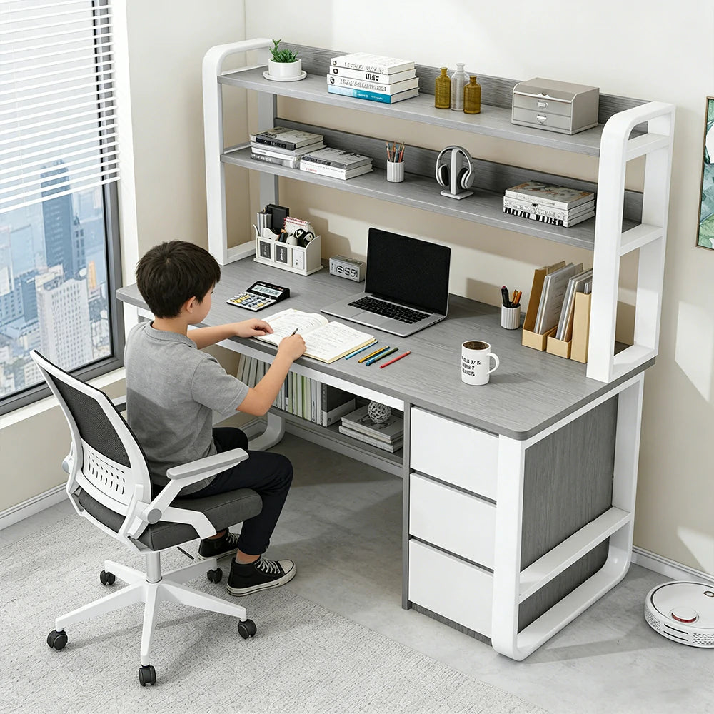 MODERA Study Desk with Bookshelf HDF Office Desk Steel Frame 140cm Workstation for Home Office - Grey