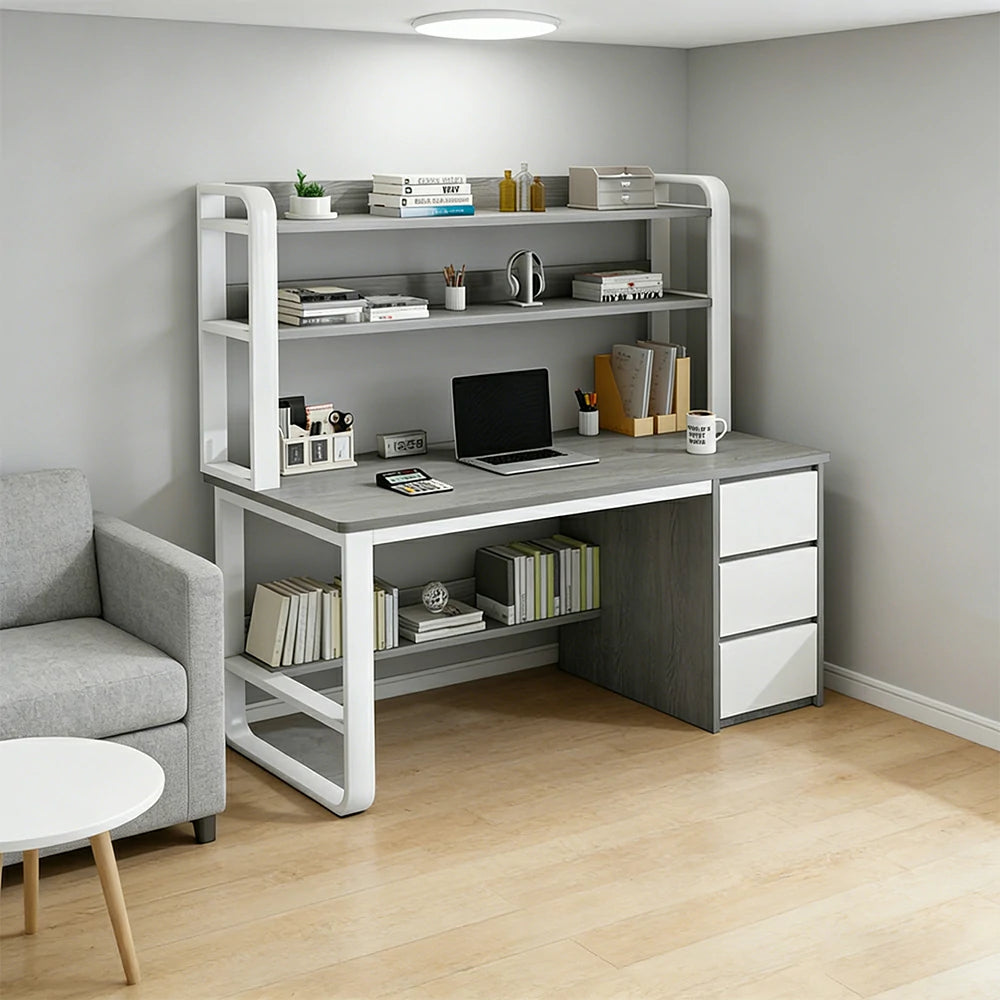 MODERA Study Desk with Bookshelf HDF Office Desk Steel Frame 140cm Workstation for Home Office - Grey