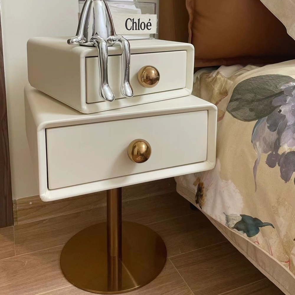 LIVARA NT1038 Cream-Style Swivel Faux Leather Silent Rail Rose Gold Accents Bedside Table