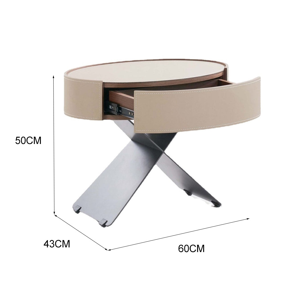 LIVARA NT1052 Saddle Leather Solid Wood Drawer Metal Legs Bedside Table