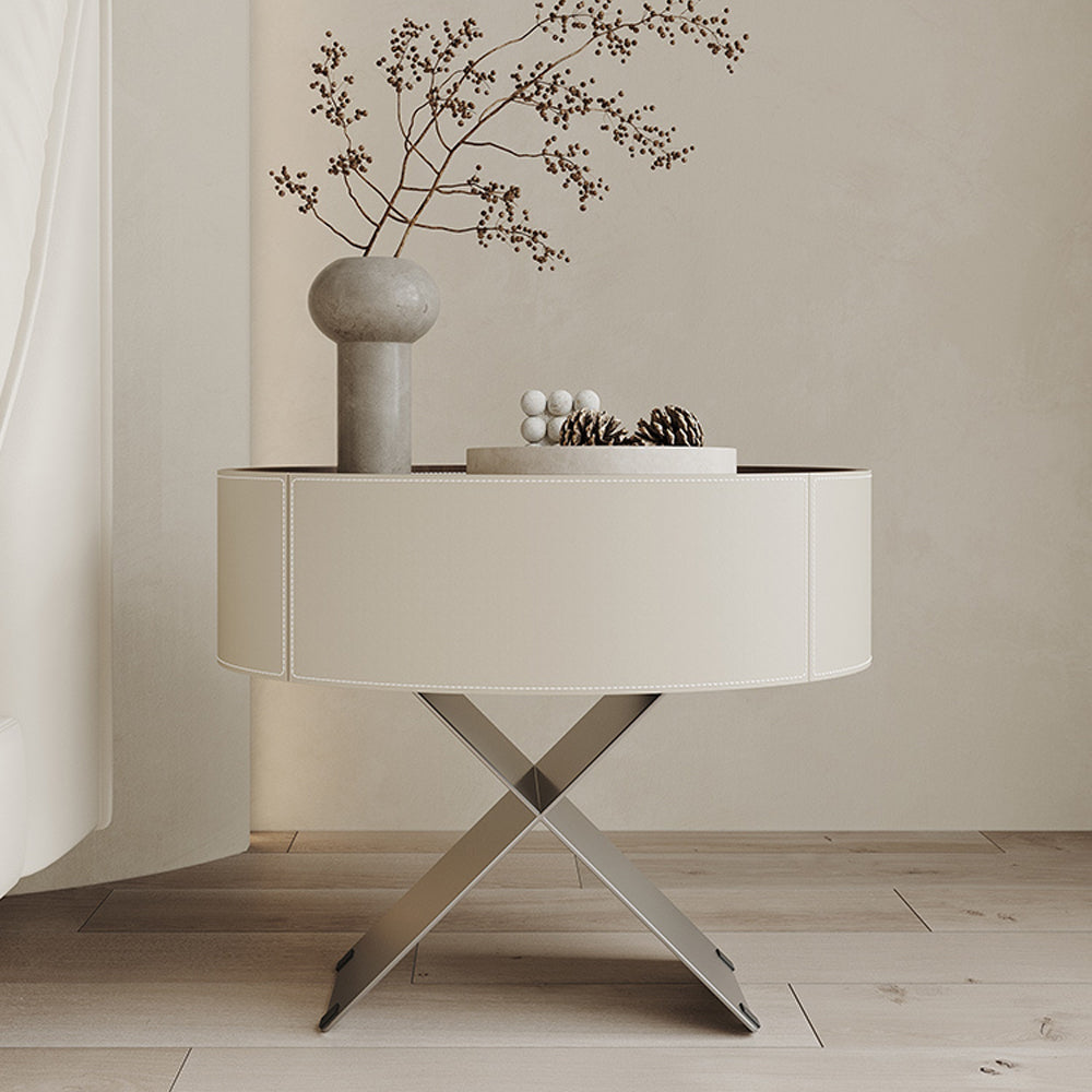 LIVARA NT1052 Saddle Leather Solid Wood Drawer Metal Legs Bedside Table