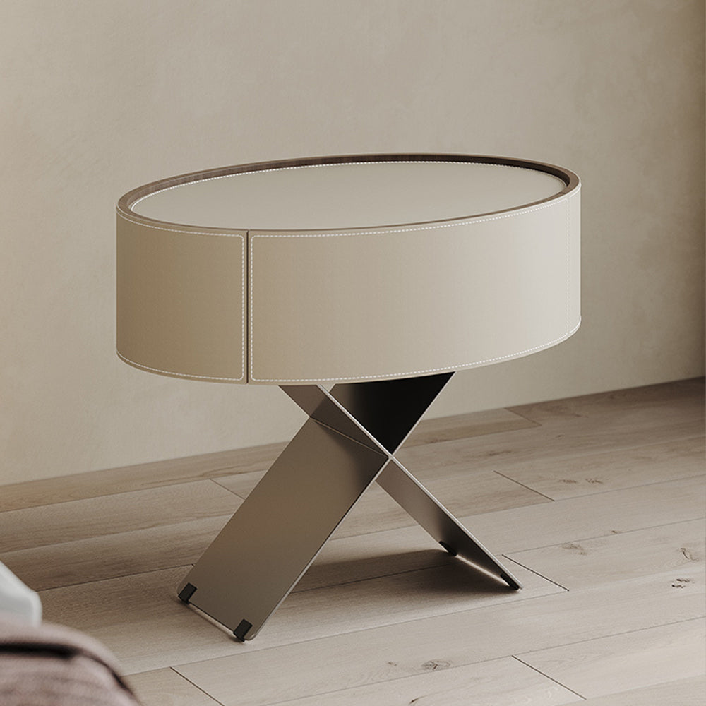 LIVARA NT1052 Saddle Leather Solid Wood Drawer Metal Legs Bedside Table