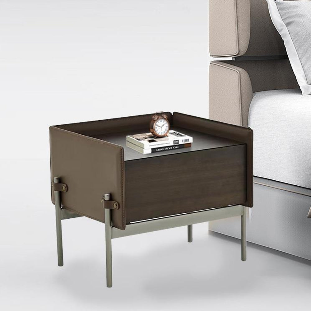 LIVARA NT1054 Multi-layer Plywood Saddle Leather Solid Wood Drawer Soft-Close Rails Bedside Table