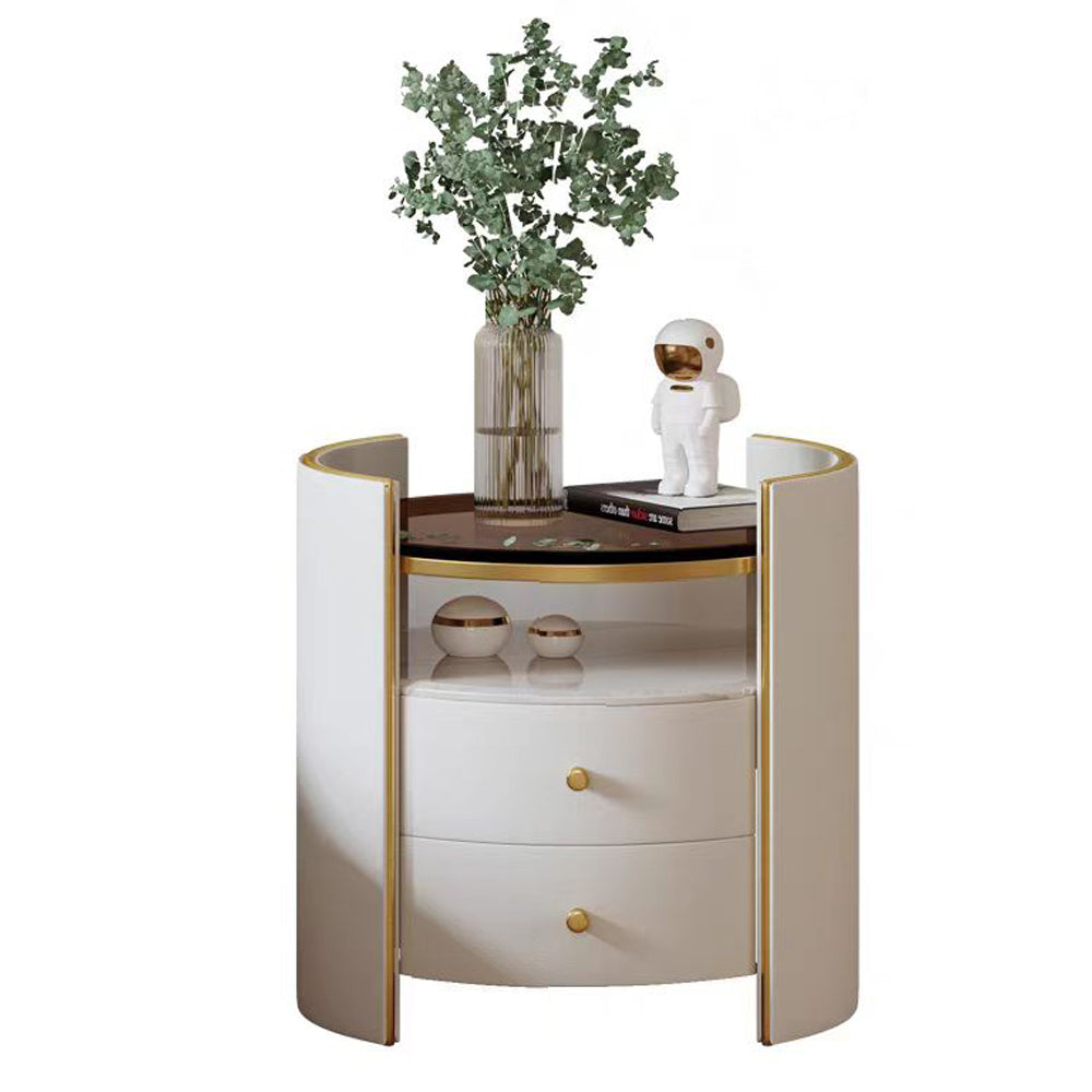LIVARA NT1058 Faux Leather Finish Tempered Glass Solid Wood Drawers-Plywood Bedside Table