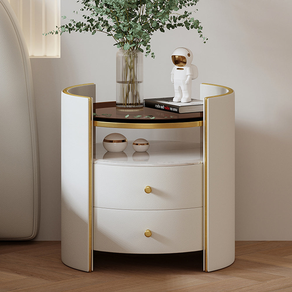 LIVARA NT1058 Faux Leather Finish Tempered Glass Solid Wood Drawers-Plywood Bedside Table