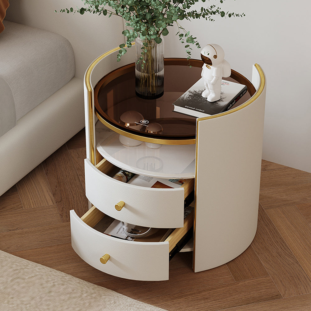 LIVARA NT1058 Faux Leather Finish Tempered Glass Solid Wood Drawers-Plywood Bedside Table