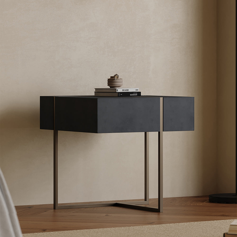 LIVARA NT1059 Faux Leather Finish Tempered Glass Solid Wood Drawers - Plywood Bedside Table