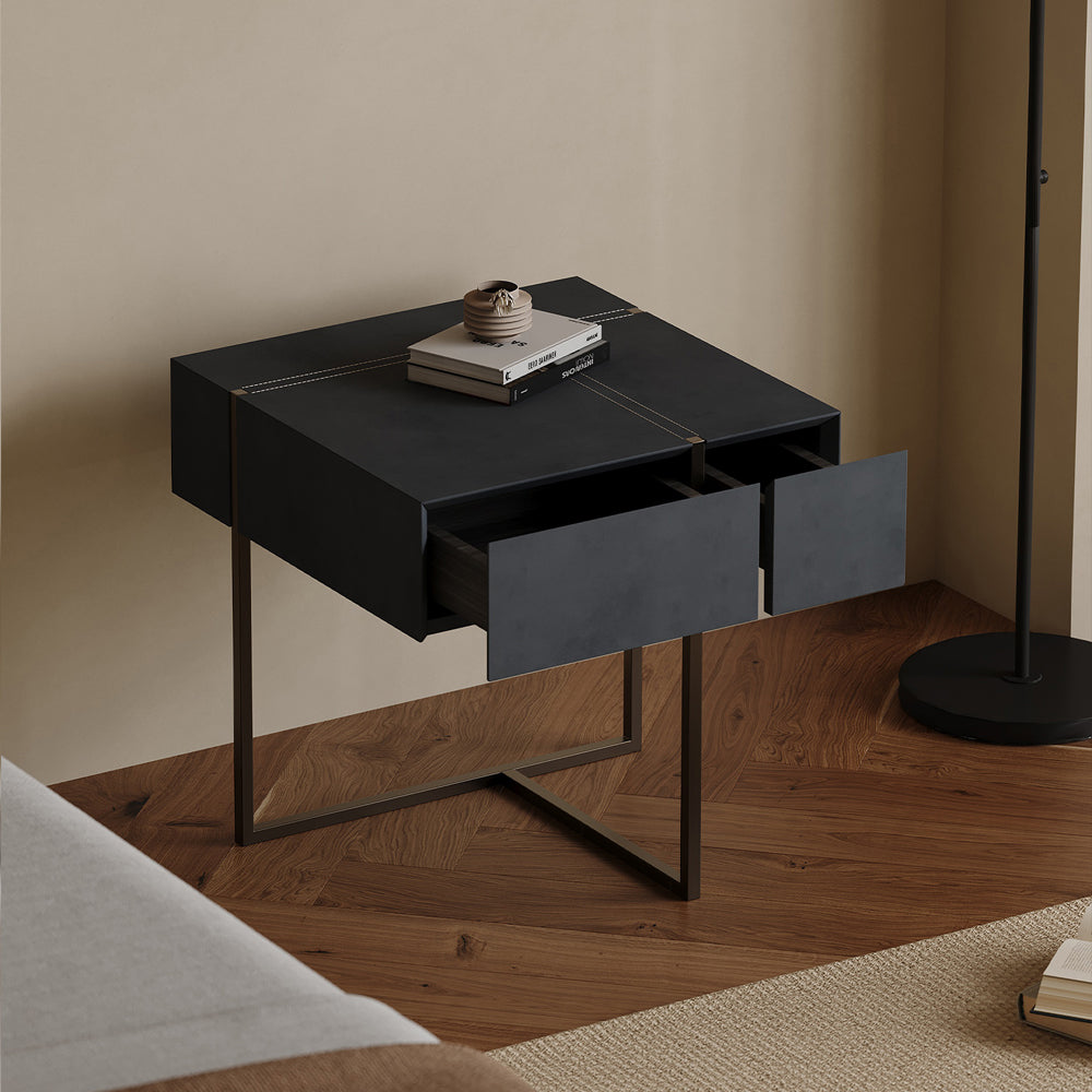 LIVARA NT1059 Faux Leather Finish Tempered Glass Solid Wood Drawers - Plywood Bedside Table
