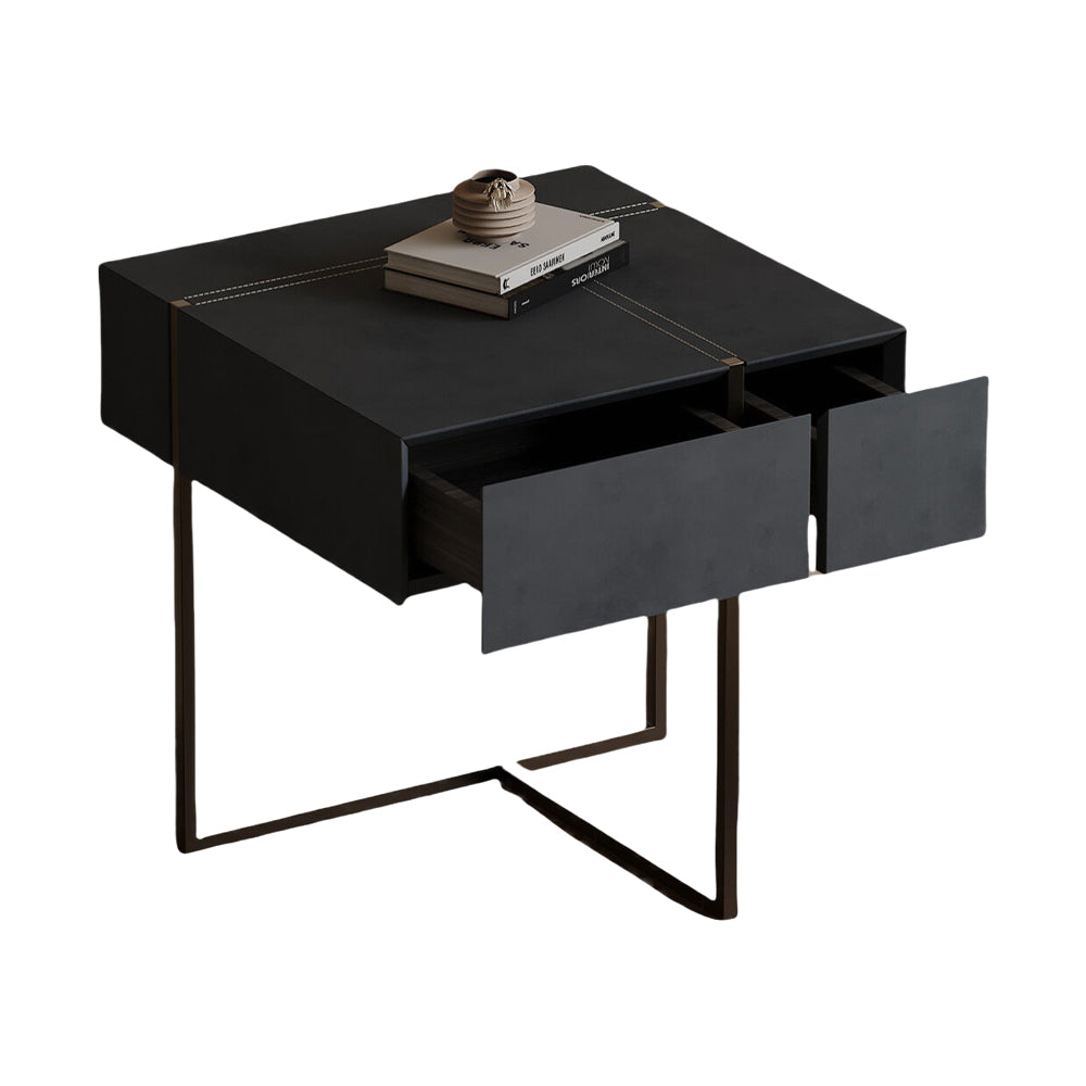 LIVARA NT1059 Faux Leather Finish Tempered Glass Solid Wood Drawers - Plywood Bedside Table