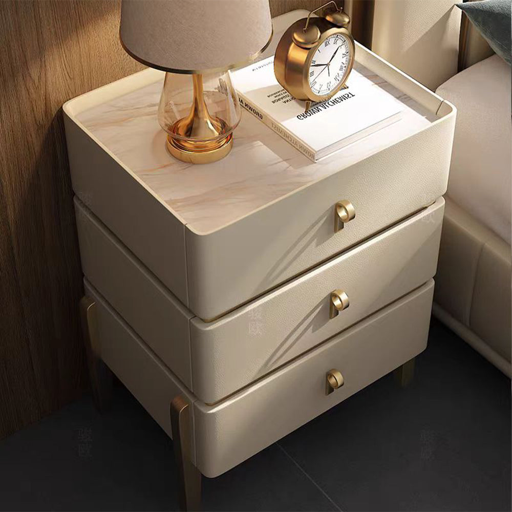 LIVARA-NT1072 Solid Wood Sintered Stone Top Leather Upholstered High Legs - Bedside Table
