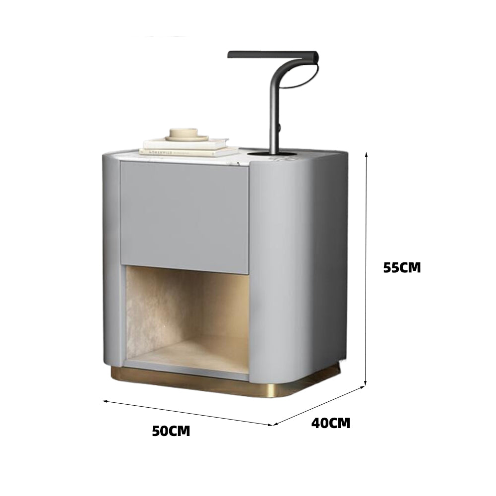 LIVARA NT1075 Solid Wood Sintered Stone Top Leather Upholstered Metal Legs - Bedside Table