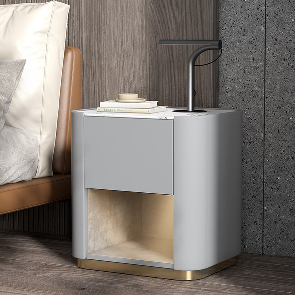 LIVARA NT1075 Solid Wood Sintered Stone Top Leather Upholstered Metal Legs - Bedside Table