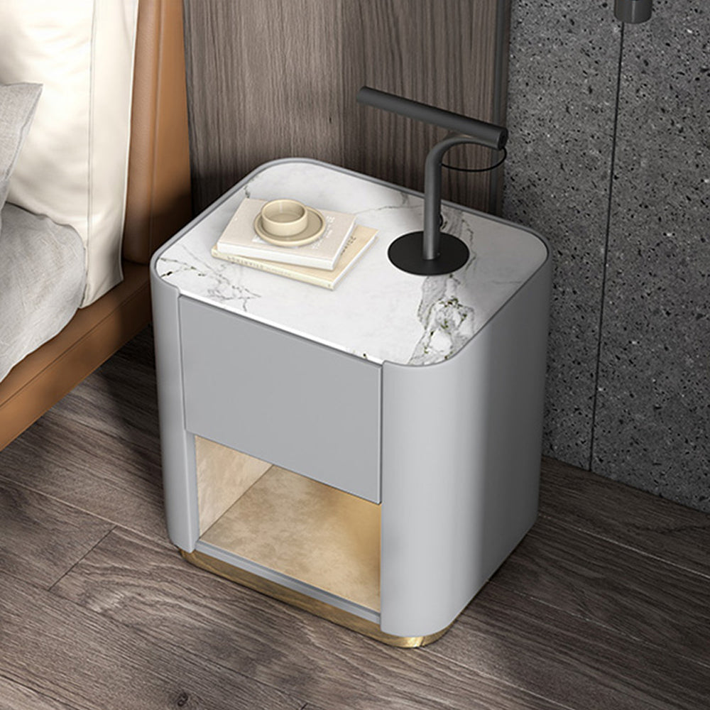 LIVARA NT1075 Solid Wood Sintered Stone Top Leather Upholstered Metal Legs - Bedside Table