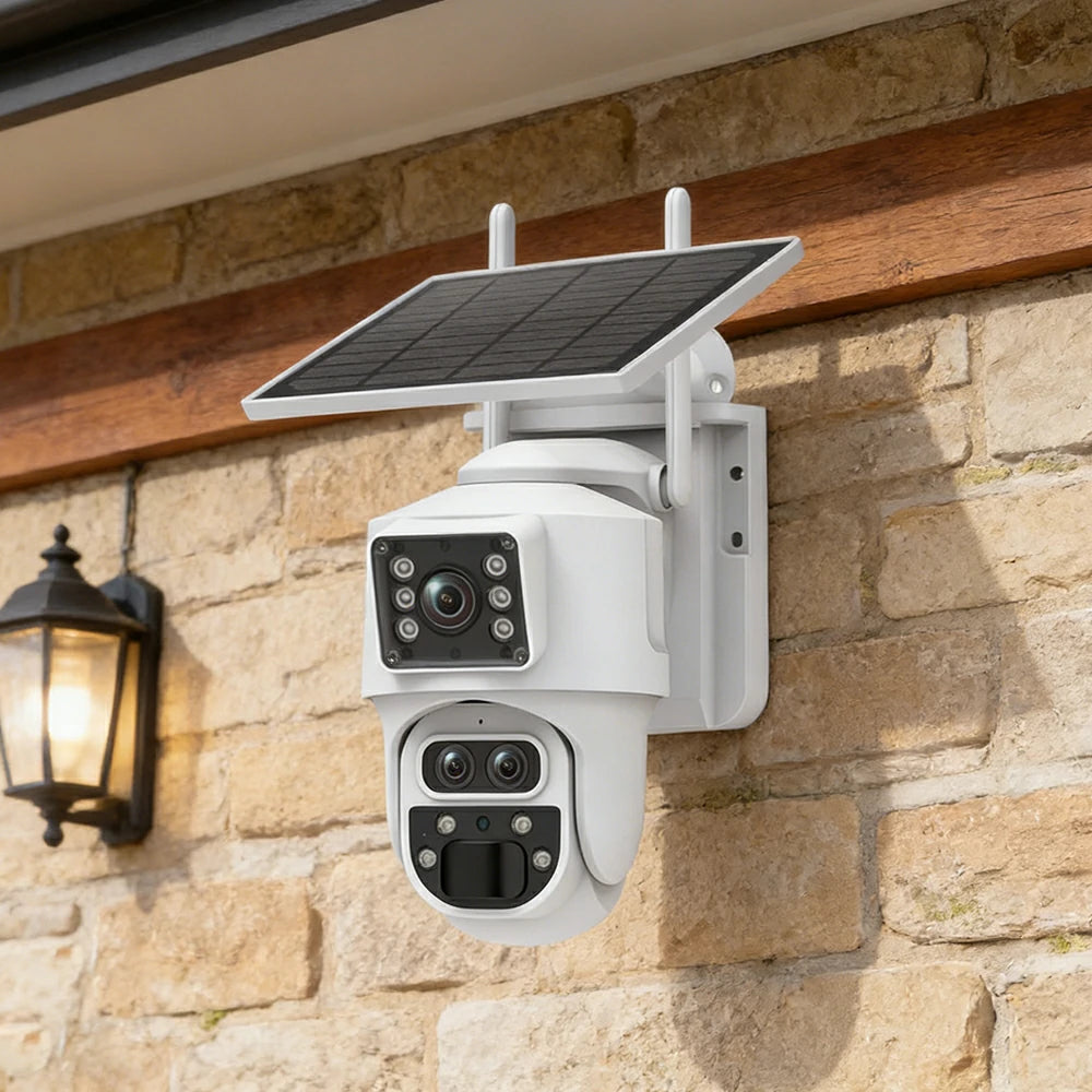 NEVORA Triple Lens Outdoor Security Camera 15x Zoom Solar Powered with Human Tracking and Night Vision