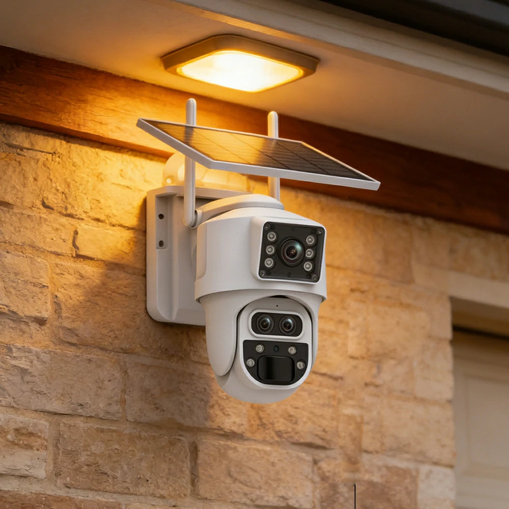 NEVORA Triple Lens Outdoor Security Camera 15x Zoom Solar Powered with Human Tracking and Night Vision